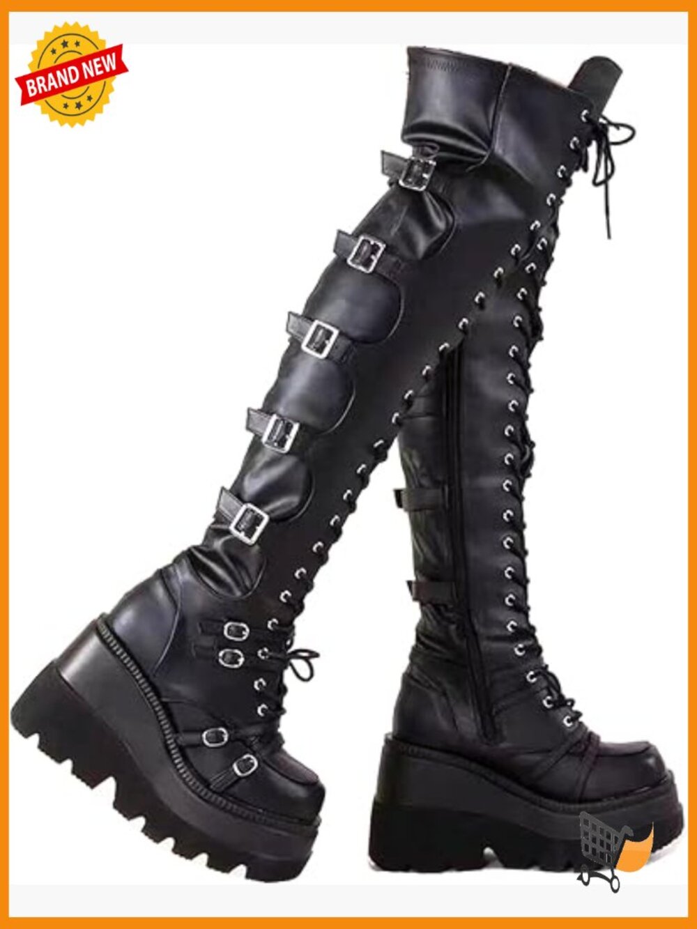 Over Knee Platform Chunky Heel Lace Up Boots with Buckles Side Zip